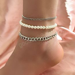 Trendy Pearl Silver Chain Spliced Anklet for Women Fashion Beach Metal Barefoot Bracelet on Foot Simple Jewellery