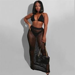 Two Piece Women Sets Beach 2 Piece Sets Sexy VNeck Two Piece Knit Sets Long Sleeve Crop Top And Skirt Set Summer Crochet Wear