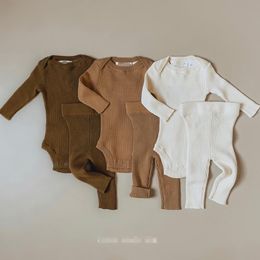 Clothing Sets 3 Colors Born Baby Girls Boys Clothes 2pcs Solid Ribbed Long Sleeve Romper Elastic Pants 0-18MClothing