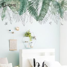 Fresh Natural Green Tropical Raffia Tree Leaves Wall Sticker Vinyl DIY Mural Art Sticker for Living Room Bedroom Wall Decals T200601