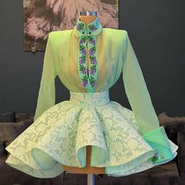Mint green Short Prom Dresses Long Sleeves Crystals Lace Appliques Ball Gown Women Party evening Cocktail Elegant Gowns