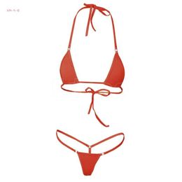 Women's Swimwear Women Low Waisted Bikini Set Solid Colour Micro Swimsuit Sexy Halter Bandage Bra Cheeky Bottom G-String Bathing SuitWomen's