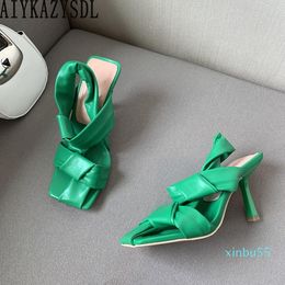 Dress Shoes Fashion Square Toe Sandals Women Pleated T-tied Twist Knot Ankle Strap High Heel Pumps Green