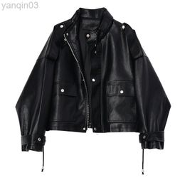 Lautaro Short oversized leather jacket women long sleeve loose black zip up jacket Womens clothing women fashion on L220801