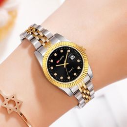 Wristwatches Gold Women Watches Rhinestone Business Ladies Dress Stainless Steel Waterproof Quartz Wristwatch CalendarWristwatches Wristwatc