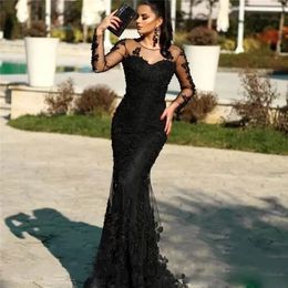 new arrival black lace mermaid evening gowns for prom with full sleeve sheer neck see through formal evening dresses mother of the bride