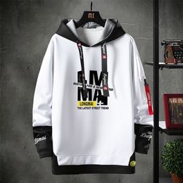 Contrast Colour Streetwear Hoodies Men Brand Tops Black White Sweatshirt Hip Hop Cool Patchwork Pullover 3/4 Sleeve 220402