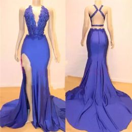 2022 2022 Royal Blue Prom Dresses Sexy Backless Spacco laterale Sirena senza maniche Profondo scollo a V Applique in pizzo Perline Occasioni formali Abiti da sera