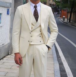 Fashion Beige Groom Tuxedos Notch Lapel Slim Fit Groomsmen Wedding Dress Excellent Man Jacket Blazer 3 Piece Suit Jacket Pants Vest Tie 1297