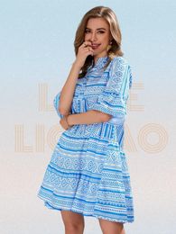 Party Dresses Women Dress Cute Stripe All Over Print V-neck Loose Waist Flared Hem Summer Half Sleeve A-line Casual Mini RobeParty
