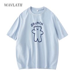 WAVLATII Women Blue Bear Printed T-shirt Female Cotton White Black Tees Lady Short Sleeve Tshirts Tops WT2129 220511