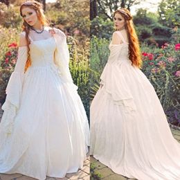 Vintage Princess Wedding Dress Fairy Mediaeval Lace Gothic Lace-Up Corset Boho Bridal Ball Gown Flare Long Sleeve Masquerade Country Bride Dresses