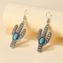 Dangle & Chandelier Retro Style Turquoise Stone Metal Cactus Drop Earrings For Women Fashion Plant Bohemian Jewelry WholesaleDangle