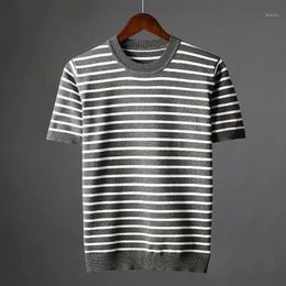 Men's T-Shirts 2022 Summer Men Fashion Casual Sweater Pullover Tops Male Striped O-Neck Loose Short Sleeve Knitwear W797