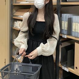 Casual Dresses Elegant One Piece Dress Korean Fashion Long Sleeve Vintage Midi Women 2022 Winter Chiffion Black Bandage