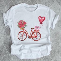 Women Shirt Print Tee Bike Flower Summer T-shirts Female Graphic T Top Short Sleeve Love Valentines Day Fashion Cartoon T-shirt