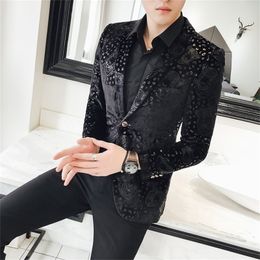 Black Velvet Flower Blazer Men Luxury Business Casual Blazer Hombre Suit Jacket Men Plus Size 5xl 4xl 201104