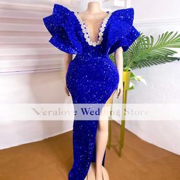 Veralove Robe De Soiree De Mariage Royal Blue Evening Dresses Sequins Mermaid Aso Ebi Prom Gowns Custom Size