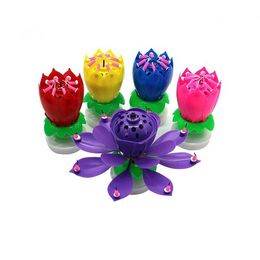 Musical Birthday Candle Birthday cake Topper decoration Lotus Flower Candles Blossom Rotating Spin Party Candle B0816