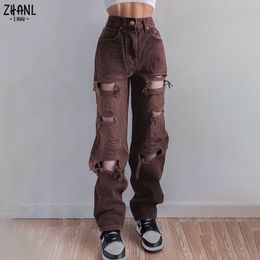Jeans strappati vintage da donna strappati marroni Streetwear Pantaloni a vita alta hip-hop con foro Pantaloni moda in denim dritto da donna 220526