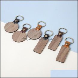 Keychains Fashion Accessories Blank Leather And Wood Keychain Rectange Round Wooden Key Ring For Personalized Engraving Carving Lage Decorat
