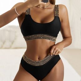 Gold Straps Bikinis Black Swimsuit Triangle Bikini Set Women Swimwear Tankini Bathing Suits Bandage Beachwear Brazilian