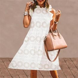 Lace Dress VONDA Summer Cotton Ruffled Neck Hollow Out Short Dresses Bohemian Party Vestidos Mini Robe Femme Beach Sundress 220611