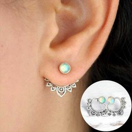 Clip-on & Screw Back Bohemian Vintage Hollow Metal Lotus Opal Stud Earrings Antique Silver-color Woman's Detachable Handmade JewelryClip