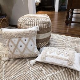 White Canvas Geometric Embroidery Pillow Cover with Sequin Home Dec Tassels Cushion Cover PillowCase Pillow Sham 30x50cm/45x45cm T200601