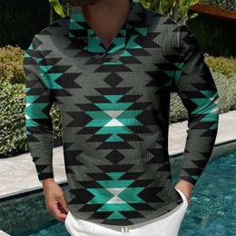 Men's Polos Male Casual Autumn Geometric Print Plaid T Shirt Button Lapel Collar Long Sleeve Tops 2xlt Shirts For MenMen's