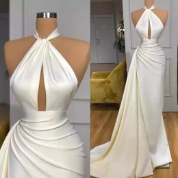 Halter Ivory Evening Prom Dress With Split Detachable Train Sheath Keyhole Neck Pleats Ruffles Long Vestidos De Fiesta Formal Ocn Gowns