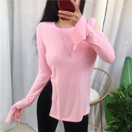 Women's T-Shirt 2022 South Korea Women Sexy Hollow Out Shoulder Light Pink Strapless Irregular T Shirt Tshirt