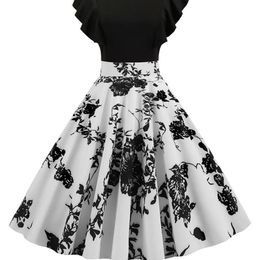 Black White Patchwork Floral Print Summer Dress Women Petal Sleeve Dot Vintage Dress Robe Casual Rockabilly Party Vestidos 220513