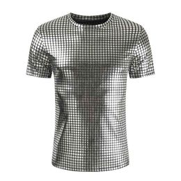 Fashion Plaid Coated Metallic T Shirt Men 2022 Brand Slim Short Sleeve T-shirts Men DJ Nightclub Stage Singer Prom Come Homme L220704