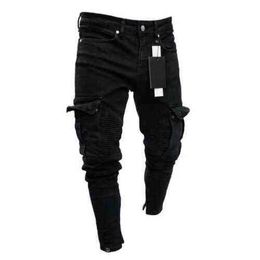 Men Biker Ripped Long Denim Trousers Skinny Jeans Pants Destroyed Stretchy-Black 2021 Fashion Bottom zipper Pants G0104