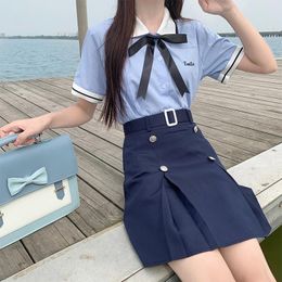 Clothing Sets Women Girls JK Uniform Korea College Style Package Hip Skirt Blue Short Sleeve Thai Student Set Top Matching