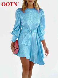 OOTN Vintage Satin Jacquard Dresses Irregular Lantern Sleeve Belt A-Line Spring Dress O-Neck Silky Party Elegant Robe Wowen 2022 T220804