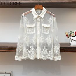 Sexy Perspective Tops Mujer Spring Elegant Vintage White Lace Floral Embroidery Blouses Womens Long Sleeve Shirt Female 220516