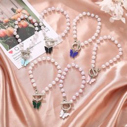 Beaded Strands Fashion Simple Butterfly Charms Bracelet For Women Silver Imitation Pearls OT Buckle Colourful Chain Bracelets Bangles Trum22