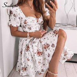 Southpire Bohe Flower Print White Dress Women s Short Puff Sleeve Zipper Mini Sundress Elegant Summer Dress Ladies Clothing 220615