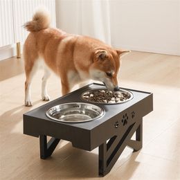 Dogs Double NonSlip Bowl Adjustable Heights Pet Cat Food Feeding Dish Bowls Small Medium Big Dogs Water Feeder Removable Bowl 210320