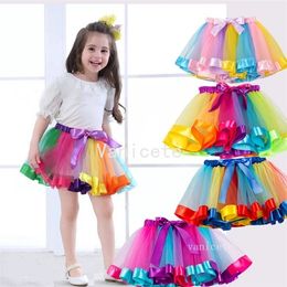 European and American mesh rainbow skirt Girls Tutu Skirts bow children Princess Skirt Dance skirt performace festival party Kids skirtsZC1157