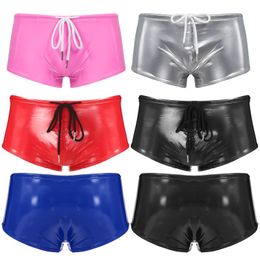 Underpants One Piece Mens Wet Look Patent Leather Swimming Trunks Low Rise Drawstring Boxer Shorts Swimwear Party ClubwearUnderpants