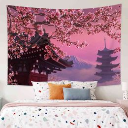 Mount Fuji Tapestry Old Temple Print Home Decoration Japanese Cherry Blossom Pink Wall Hanging J220804