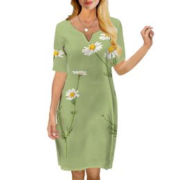 Women Dress Daisy Pattern 3D Printed VNeck Loose Casual Short Sleeve Shift Dress for Female Dresses Green Dress Regular 220616