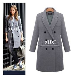 XUXI Women Autumn Winter Coat Casual Wool Solid Jackets Blazers Female Elegant Double Breasted Long Coat Ladies Size LJ201106