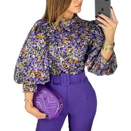 Trendy Women Elegant Casual Party Shirt Female Stylish Floral Print Blouse Puff Sleeve Top 210716