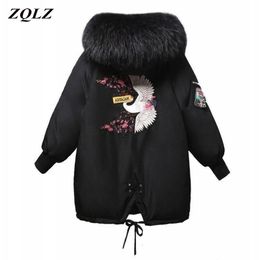 ZQLZ Winter Coat Women Embroidery Casual Hooded Fur Collar Loose Long Parka Mujer Thick Warm Overcoat Fashion Jacket 201026