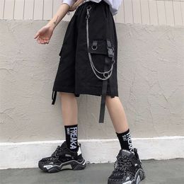 Summer Women Cargo Shorts Female Loose Straight Casual Short Pants Fashion Elastic Waist Handsome Black Knee Length Shorts 220611