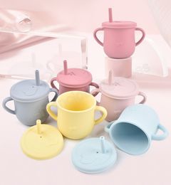 Baby Feeding Cups Food Grade Silicone Children Drinking Straws Cup With Handle Sippy Leakproof Cup With Lids Kids Tableware